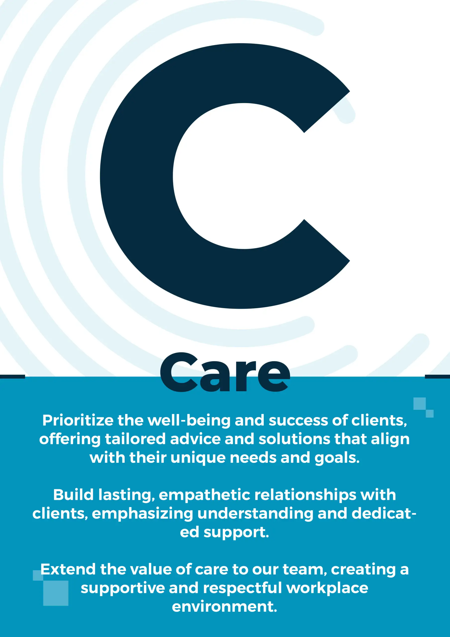 Large letter C with text about client care values.